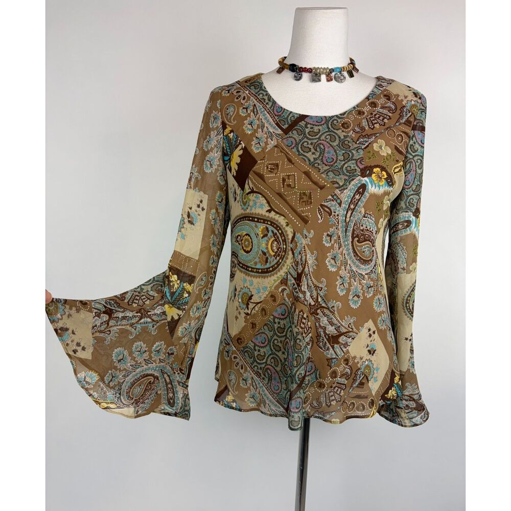 VTG Paisley Bell Sleeve Boho Forest Fairy Blouse Sz 8 Grunge Whimsigoth Glitter